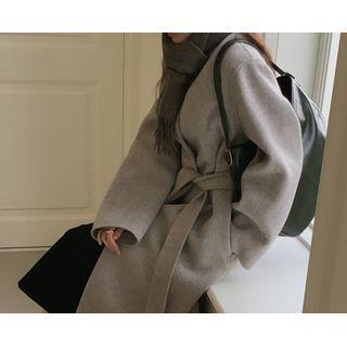 Hidden-button Woolen Coat With Sash (gray) One Size