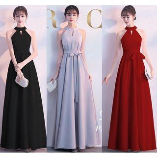 Halter-neck Tie-waist A-line Evening Dress