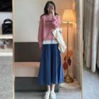 Long-sleeve Mock Two-piece Sweatshirt / A-line Long Semi Skirt