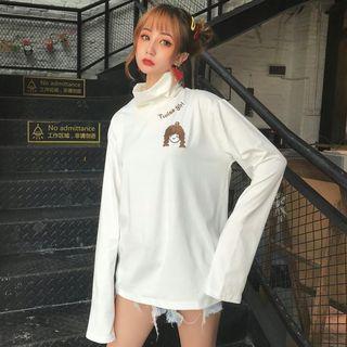Long-sleeve Cartoon Embroidered High-neck T-shirt