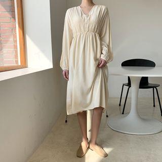 Bishop-sleeve Shirred Midi Dress