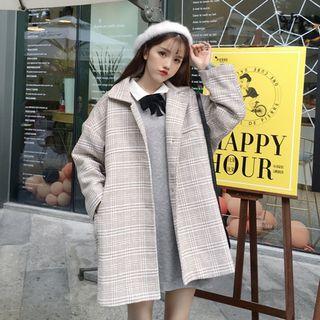 Collared Long-sleeve A-line Dress / Plaid Button Coat
