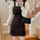 Long-sleeve Mock-neck Top / Spaghetti Strap Plaid Bow-front Mini Sheath Dress