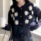 Flower Accent Cropped Cardigan Black - One Size