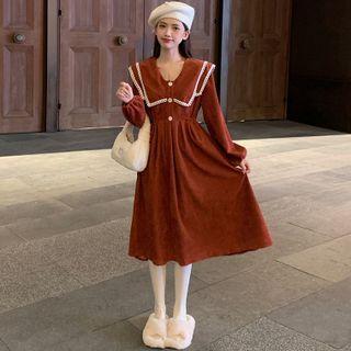 Peter Pan-collar Lace Panel Long-sleeve A-line Dress