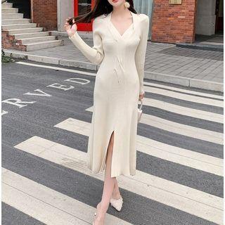 Long-sleeve Plain Knit Slit Midi Dress