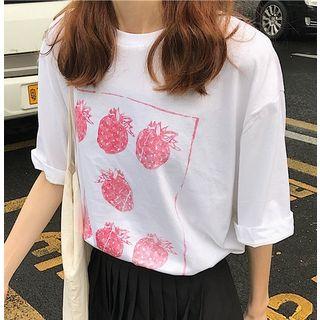 Strawberry Print Elbow-sleeve T-shirt White - One Size