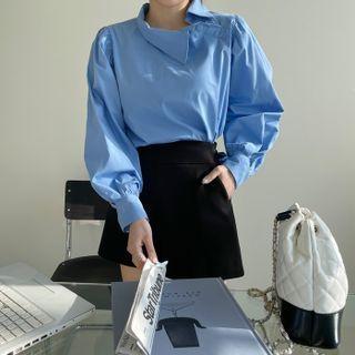 Balloon-sleeve Asymmetric-collar Blouse