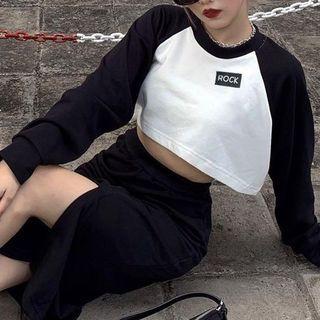 Long Sleeve Color-block Lettering Crop Sweatshirt