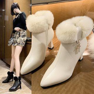 Furry Pointed Kitten-heel Short Boots