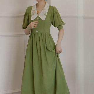 Puff-sleeve Floral Embroidered Collar Midi A-line Dress