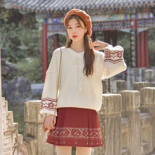 Jacquard Sweater / Print Pleated Mini A-line Skirt