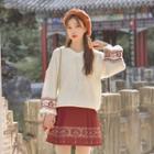 Jacquard Sweater / Print Pleated Mini A-line Skirt