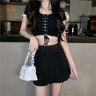 Off-shoulder Lace Trim Lace-ups Short-sleeve Top Black - One Size