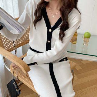 Set: V-neck Contrast Trim Cardigan + Knit Skirt