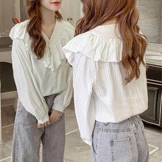 Ruffled Long-sleeve Plain Blouse