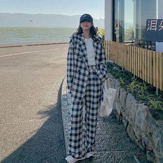Set: Plaid Blazer + Wide-leg Pants