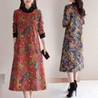 Paisley Print Long-sleeve A-line Midi Dress