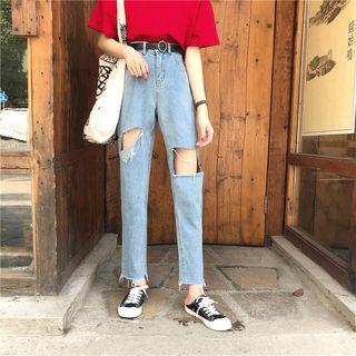 High-waist Ripped Straight Cut Jeans