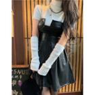 Short-sleeve Turtleneck Plain Knit Top / Faux-leather Slim-fit Tube Dress