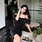 Diagonal Hem Shirred Cutout Shoulder Midi Dress