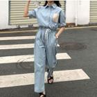 Pocket-front Short-sleeve Drawstring Jumpsuit Blue - One Size
