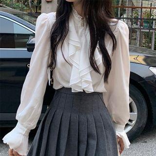 Long-sleeve Mock-neck Ruffled Blouse