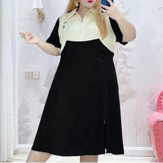 Short-sleeve Two-tone Midi A-line Polo Dress