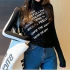 Long-sleeve Turtleneck Lettering Print Fitted Top