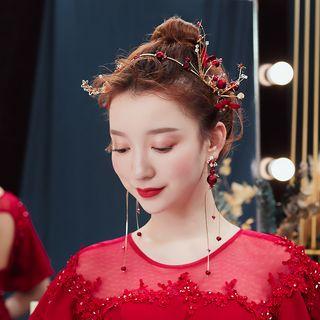 Wedding Set: Rhinestone Branches Headband + Fringed Earring Headband & 1 Pair - Clip On Earring - One Size