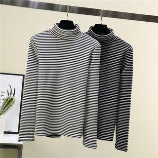Mock-neck Fleece-lined Striped Top
