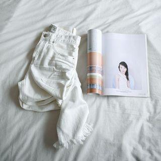 Fringe-hem Tapered Cotton Pants