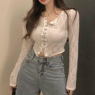 Long-sleeve Cropped Lace T-shirt White - One Size