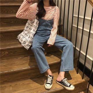 Striped Long-sleeve Loose-fit T-shirt / Denim Jumper Pants