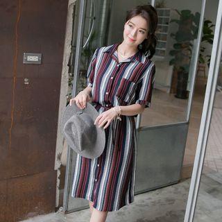 Stripe Short-sleeve Chiffon Shirtdress