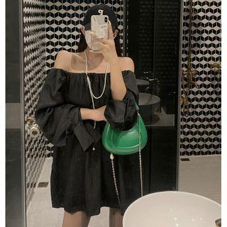 Long-sleeve Off-shoulder Plain Loose-fit Dress