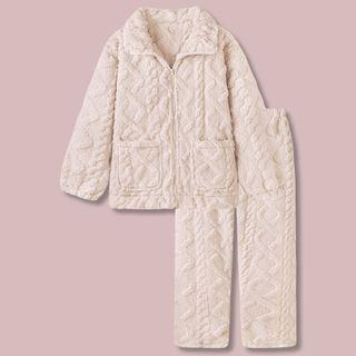 Cable Knit Zip Coral Fleece Loungewear / Set