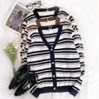 Long-sleeve V-neck Striped Knit Cardigan