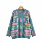 Round Neck Fish Print Sweater Blue - One Size