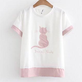 Short-sleeve Contrast Trim Cat T-shirt