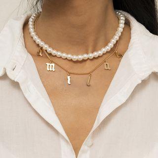 Lettering Pendant Faux Pearl Layered Choker 1513 - Gold - One Size