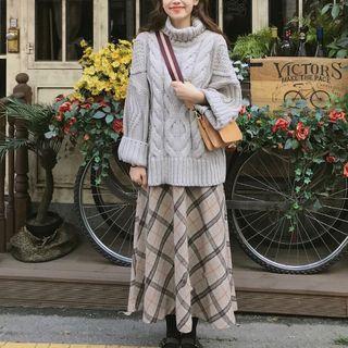 Turtleneck Cable Knit Sweater / Plaid A-line Midi Skirt
