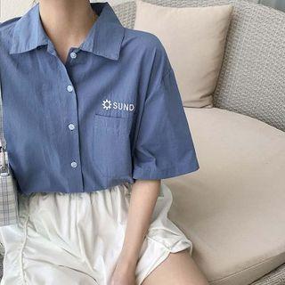 Lettering Embroidered Short-sleeve Blouse