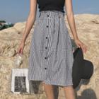Buttoned Plaid Midi A-line Skirt