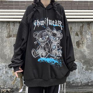 Bear Print Colour Block Hoodie