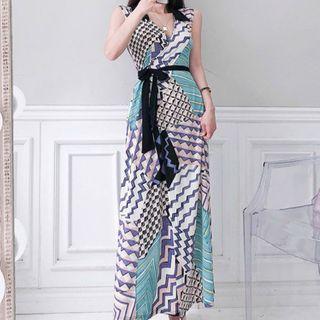 Sleeveless Pattern Midi A-line Dress