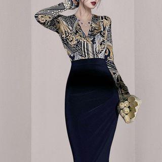 Long-sleeve V-neck Printed Panel Sheath Dress