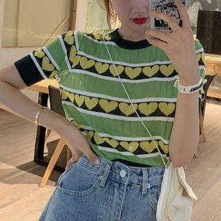 Short-sleeve Heart Patterned Striped Knit Top As Shown In Figure - One Size