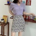Set: Short Sleeve Lettuce Edge V-neck Top + Floral Mini A-line Skirt