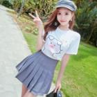 Set: Pig Print Short-sleeve T-shirt + High Waist Pleated Skirt